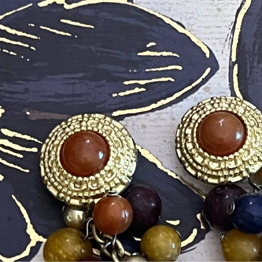 Vintage 80s Chunky Beaded BOLD Acrylic Clip On Earrings Gold and Jewel Tones